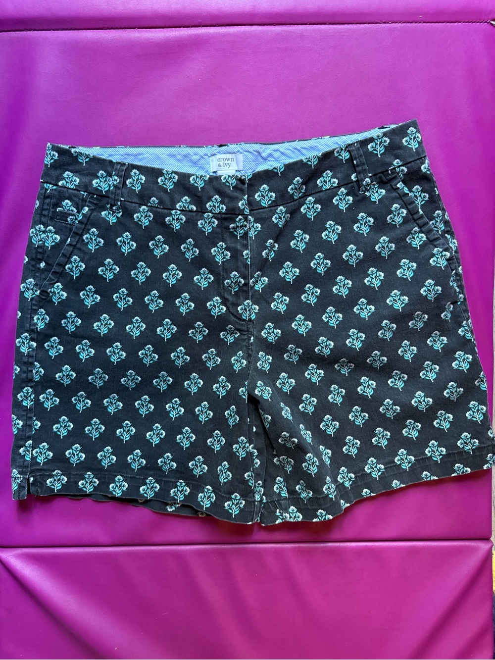 crown & ivy Black Shorts with Teal Floral Print